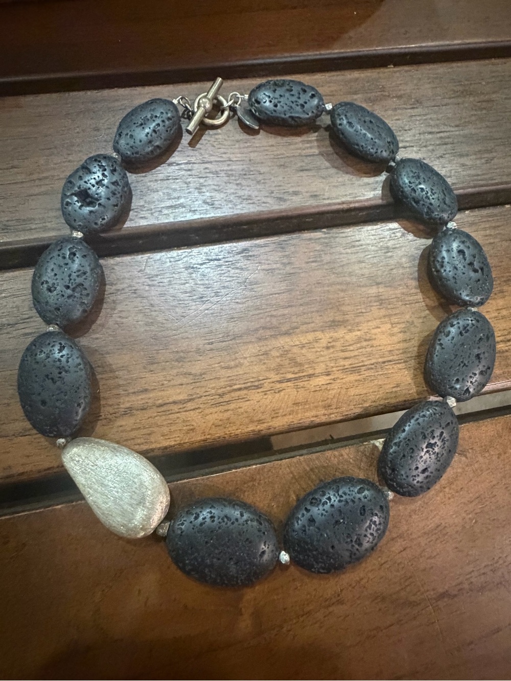 Black Lava Bead Necklace with Silver Accent